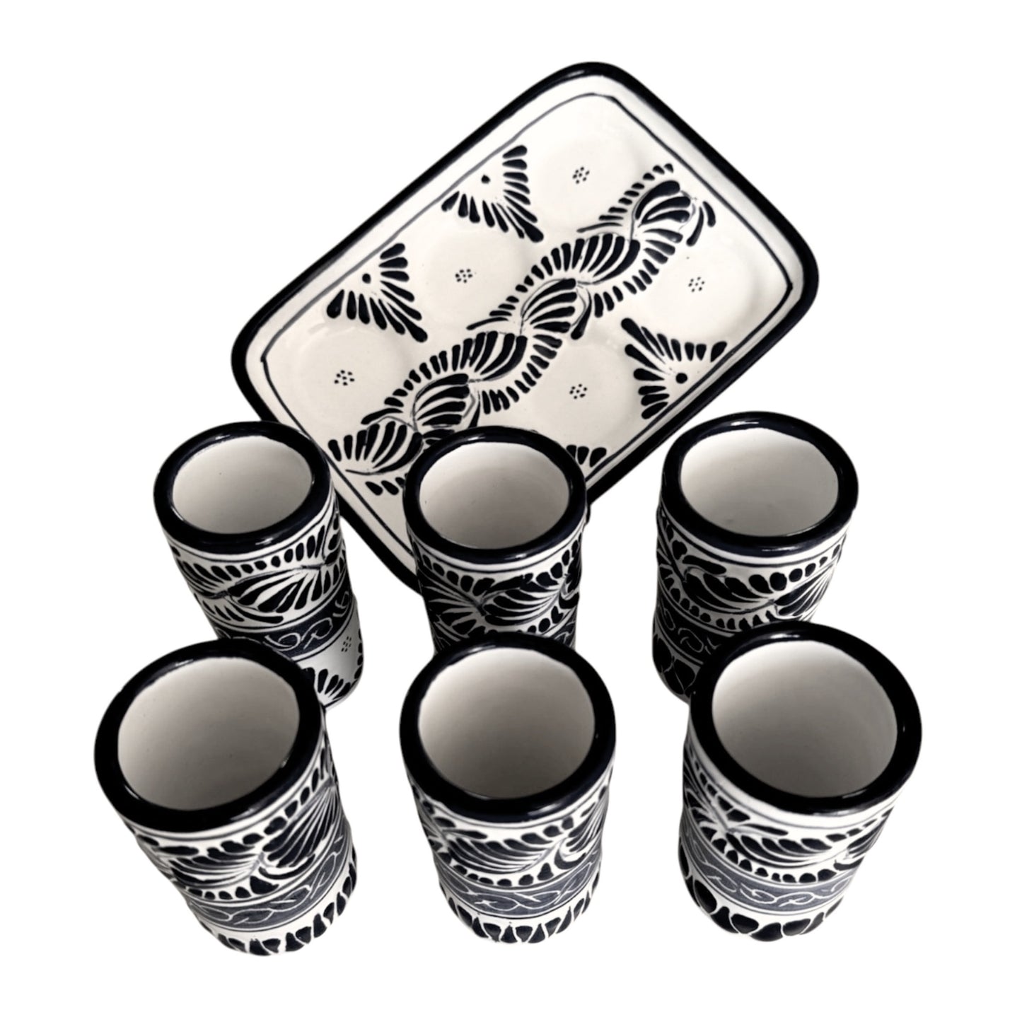 Set de 6 tequileros y charola rectangular