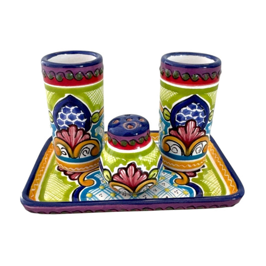 Set de charola rectangular con dos tequileros y salero