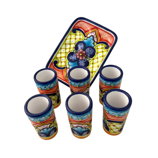 Set de 6 tequileros y charola rectangular